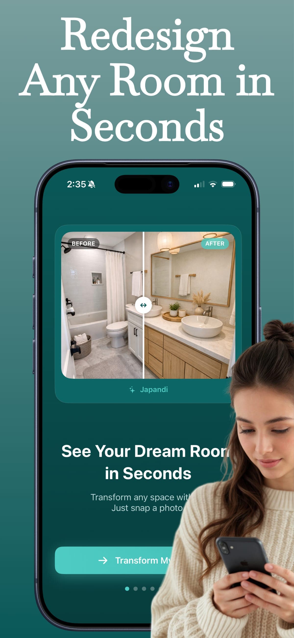 ReVision AI room design app showing before and after bathroom transformation